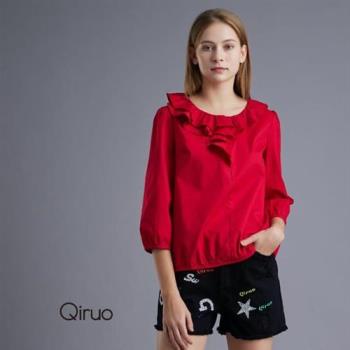 【Qiruo 奇若名品】專櫃精品五分袖大紅造型襯衫(上班族最愛造型襯衫中國紅 3311A)                  