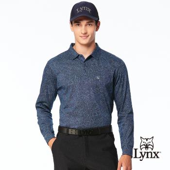 【Lynx Golf】男款歐洲進口布料純棉絲光滿版幾何線條造型胸袋款長袖POLO衫-深藍色