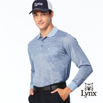【Lynx Golf】男款歐洲進口布料純棉絲光花卉圖樣造型胸袋款長袖POLO衫-藍色