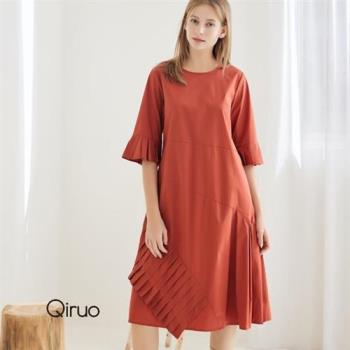 【Qiruo 奇若名品】橘紅色長版洋裝(摺衣不同層次拼湊剪裁裙擺設計感3282F)