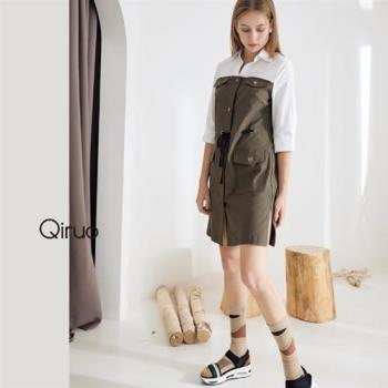 【Qiruo 奇若名品】七分袖短裙洋裝 米白橄欖綠(襯衫款前扣洋裝 假兩件洋裝8107F)