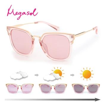 MEGASOL 寶麗萊UV400時尚女款透粉方框偏光太陽眼鏡變色墨鏡(感光智能變色粉片全天候適用-BSPK1817)