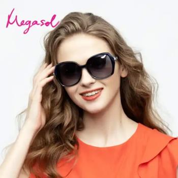 【MEGASOL】UV400防眩偏光太陽眼鏡時尚女仕大框矩方框墨鏡(大框時尚豹高貴魚子醬黑水鑽鏡架1957-5色選)
