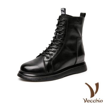 【VECCHIO】馬丁靴 真皮馬丁靴/全真皮頭層牛皮復古版型時尚內增高繫帶馬丁靴 黑