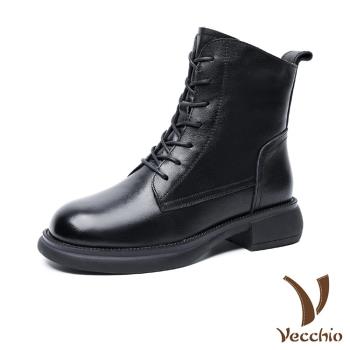 【VECCHIO】馬丁靴 粗跟馬丁靴/真皮頭層牛皮復古版型時尚側拉鍊粗跟馬丁靴 黑