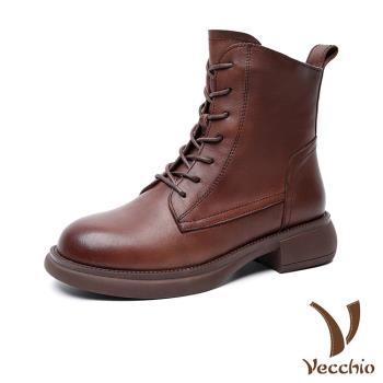 【VECCHIO】馬丁靴 粗跟馬丁靴/真皮頭層牛皮復古版型時尚側拉鍊粗跟馬丁靴 棕