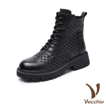 【VECCHIO】馬丁靴 繫帶馬丁靴/全真皮頭層牛皮縷空星星繫帶造型馬丁靴 黑