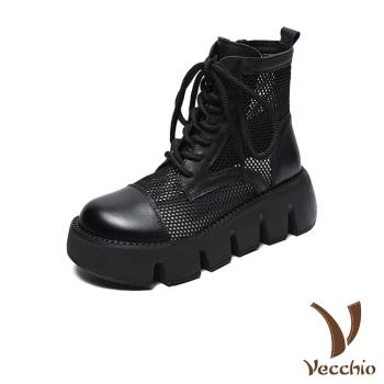 【VECCHIO】馬丁靴 厚底馬丁靴/全真皮頭層牛皮透氣網面拼接鬆糕厚底馬丁靴 黑
