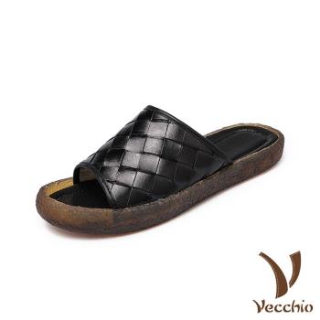 【VECCHIO】拖鞋 平底拖鞋/全真皮頭層牛皮護趾設計編織造型平底拖鞋 黑