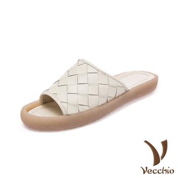 【VECCHIO】拖鞋 平底拖鞋/全真皮頭層牛皮護趾設計編織造型平底拖鞋 米