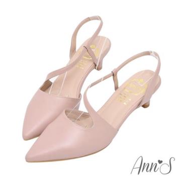 Ann’S高訂綿羊皮-性感腳背曲線後拉帶低跟尖頭鞋5cm-粉