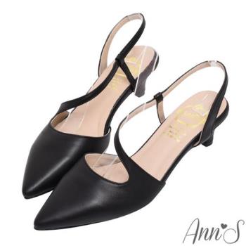 Ann’S高訂綿羊皮-性感腳背曲線後拉帶低跟尖頭鞋5cm-黑