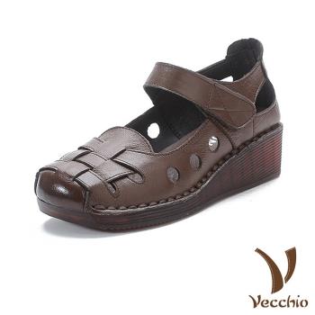 【VECCHIO】涼鞋 坡跟涼鞋/真皮復古邊織小方頭一字帶坡跟涼鞋 (2款任選)