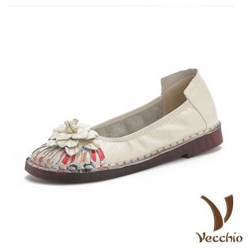 【VECCHIO】跟鞋 圓頭跟鞋/真皮頭層牛皮民族風印花立體花朵小圓頭軟底跟鞋 白