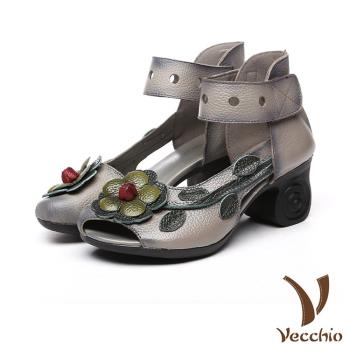【VECCHIO】涼鞋 粗跟涼鞋/真皮頭層牛皮復古民族風立體大花朵造型繫帶粗跟涼鞋 (3款任選)