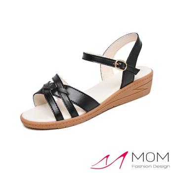 【MOM】涼鞋 坡跟涼鞋/真皮經典交叉織帶舒適坡跟涼鞋 黑