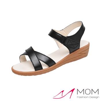 【MOM】涼鞋 坡跟涼鞋/真皮交叉設計百搭舒適坡跟涼鞋 黑