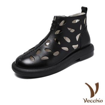 【VECCHIO】短靴 縷空短靴/真皮頭層牛皮幾何縷空透氣時尚短靴 黑