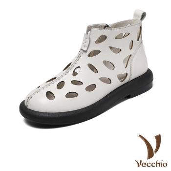 【VECCHIO】短靴 縷空短靴/真皮頭層牛皮幾何縷空透氣時尚短靴 白