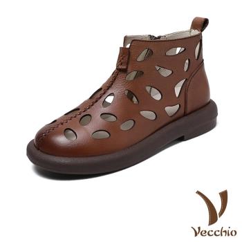 【VECCHIO】短靴 縷空短靴/真皮頭層牛皮幾何縷空透氣時尚短靴 棕