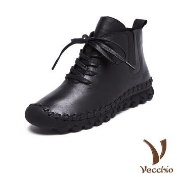 【VECCHIO】短靴 厚底短靴/全真皮頭層牛皮手工縫線復古百搭厚底短靴 黑