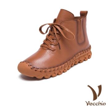 【VECCHIO】短靴 厚底短靴/全真皮頭層牛皮手工縫線復古百搭厚底短靴 棕