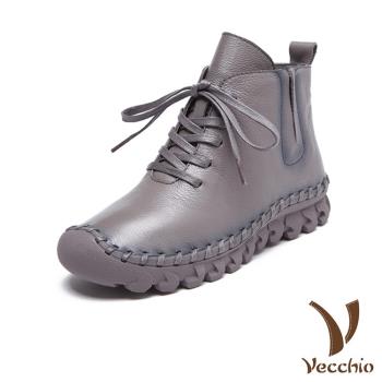 【VECCHIO】短靴 厚底短靴/全真皮頭層牛皮手工縫線復古百搭厚底短靴 灰