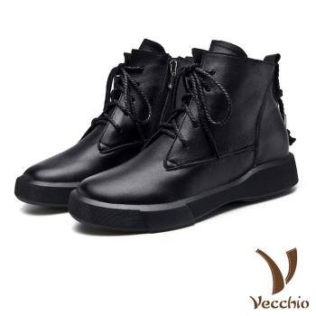 【VECCHIO】短靴 平底短靴/全真皮頭層牛皮時尚百搭舒適平底休閒短靴 黑