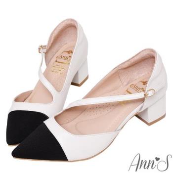 Ann’S高訂綿羊皮-小香風撞色 絕美弧線粗跟尖頭鞋5cm-白