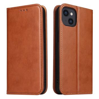 Fierre Shann 真皮紋 iPhone 15 Plus (6.7吋) 錢包支架款 磁吸側掀 手工PU皮套保護殼