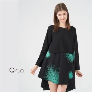 Qiruo 奇若名品 專櫃精品女裝黑色造型小傘狀短洋裝(黑底綠塗 精緻小洋裝 雪紡質感浪漫2294F)