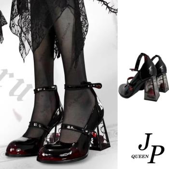 JP Queen New York 玫瑰少女龐克復古粗高跟皮鞋(黑色)