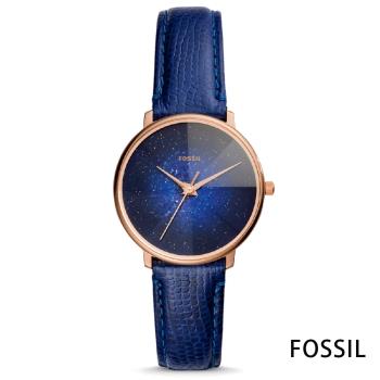 FOSSIL 星彩稜鏡光壓紋皮革石英腕錶(ES4729)-藍/33mm