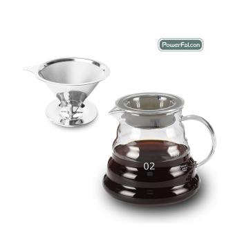 【PowerFalcon】1-2人份免濾紙濾杯+雲朵壺組合(V型 304不鏽鋼 耐熱玻璃咖啡壺600ML 咖啡用品)