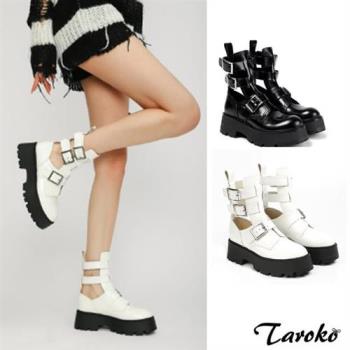 Taroko 甜甜春氛皮帶扣圓頭厚底短涼靴(2色可選)