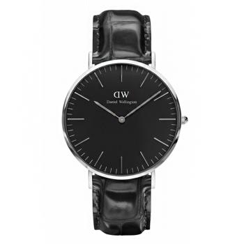 DW Daniel Wellington 黑色壓紋皮革腕錶-銀框/40mm(DW00100135)