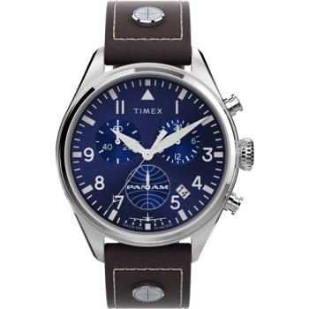 【TIMEX】天美時 x Pan Am Day-Date 42毫米三眼計時手錶  (藍x棕 TXTWG030000)