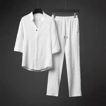 CS22 商務紳士亞麻V領休閒套裝(七分袖+九分褲)