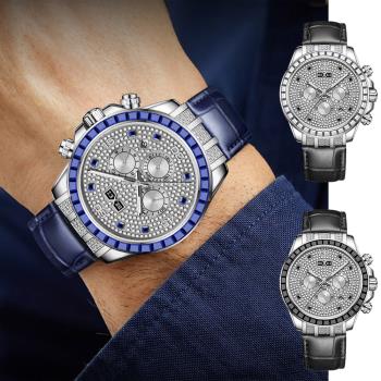 BEXEI 卓越方鑽鑲嵌閃亮錶圈皮革自動機械錶-9156(高調奢華)