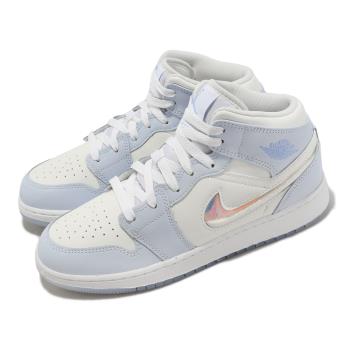 Nike 休閒鞋 Air Jordan 1 Mid SE GS 女鞋 大童鞋 白 藍 AJ1 喬丹 閃亮勾勾 FQ9117-400