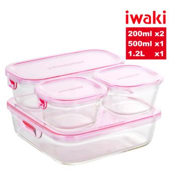 【日本iwaki】耐熱玻璃方形微波/焗烤保鮮盒四件組-顏色任選(原廠總代理)