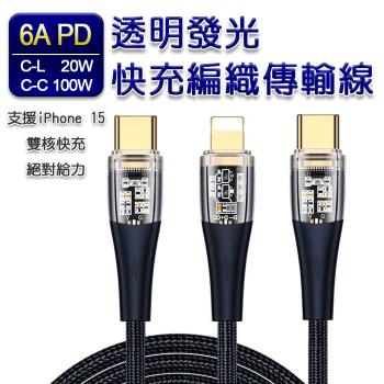 【↘︎58折加價購】6A PD 透明發光快充編織傳輸線(C-L 20W / C-C 100W)