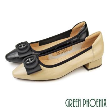 GREEN PHOENIX 女 跟鞋 包鞋 全真皮 蝴蝶結 尖頭 粗跟 通勤 上班U57-22110