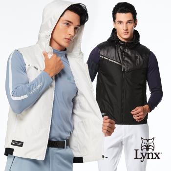 【Lynx Golf】首爾高桿風格！男款防風防潑水鋪棉保暖造型剪裁反光貼膜拉鍊口袋無袖不可拆式連帽背心(二色)