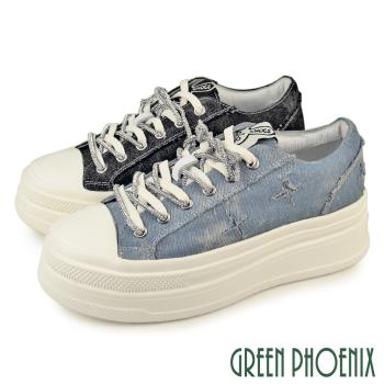 GREEN PHOENIX 女 休閒鞋 帆布鞋 綁帶 輕量 鬆糕厚底 丹寧 牛仔U52-20206