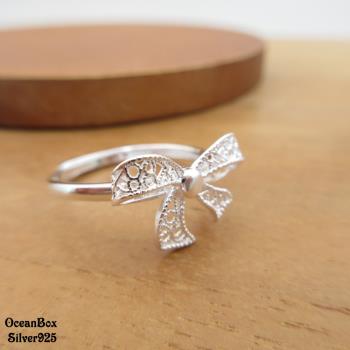 【海洋盒子】秀氣可愛網格蝴蝶結緞帶990純銀戒指.可調整戒圍