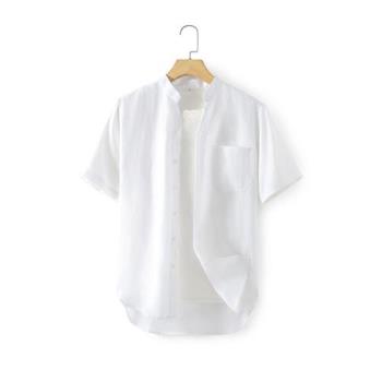 【米蘭精品】亞麻襯衫短袖上衣-立領寬鬆透氣簡約男上衣3色74ev8