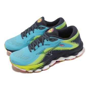 Mizuno 慢跑鞋 Wave Sky 7 男鞋 藍 綠 黑 回彈 針織鞋面 路跑 運動鞋 美津濃 J1GC2302-03