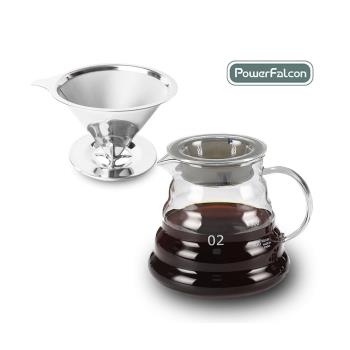 【PowerFalcon】3-4人份免濾紙濾杯+雲朵壺組合(V型 304不鏽鋼 耐熱玻璃咖啡壺600ML 咖啡用品)