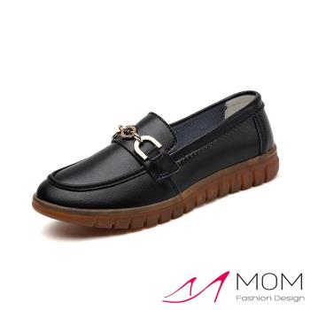 【MOM】樂福鞋 休閒樂福鞋/真皮金屬釦造型軟底舒適休閒樂福鞋 黑